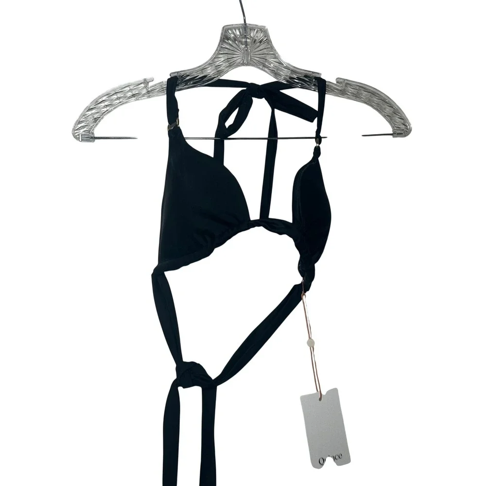 NWT Quince Black Recycled Polyamide Triangle Halter Bikini Top Gold Hardware M